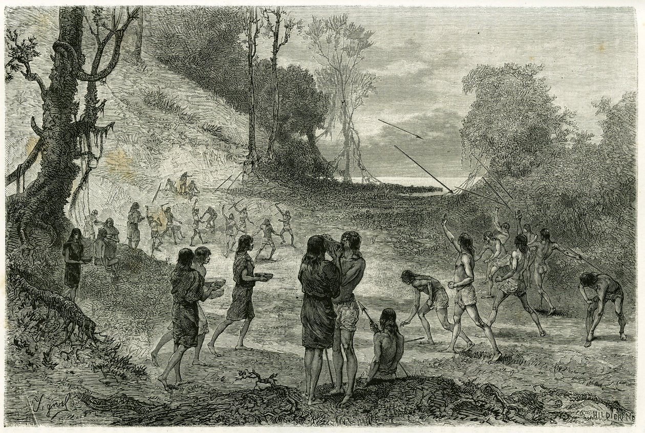 Jogos de Javelin entre 2 tribos de Zaparros, os homens praticam e as mulheres andam sem medo pelos jogadores e servem-lhes bebidas. Gravado por Vignal, para ilustrar a história "Amazon e Cordilleres". de Pierre Vignal