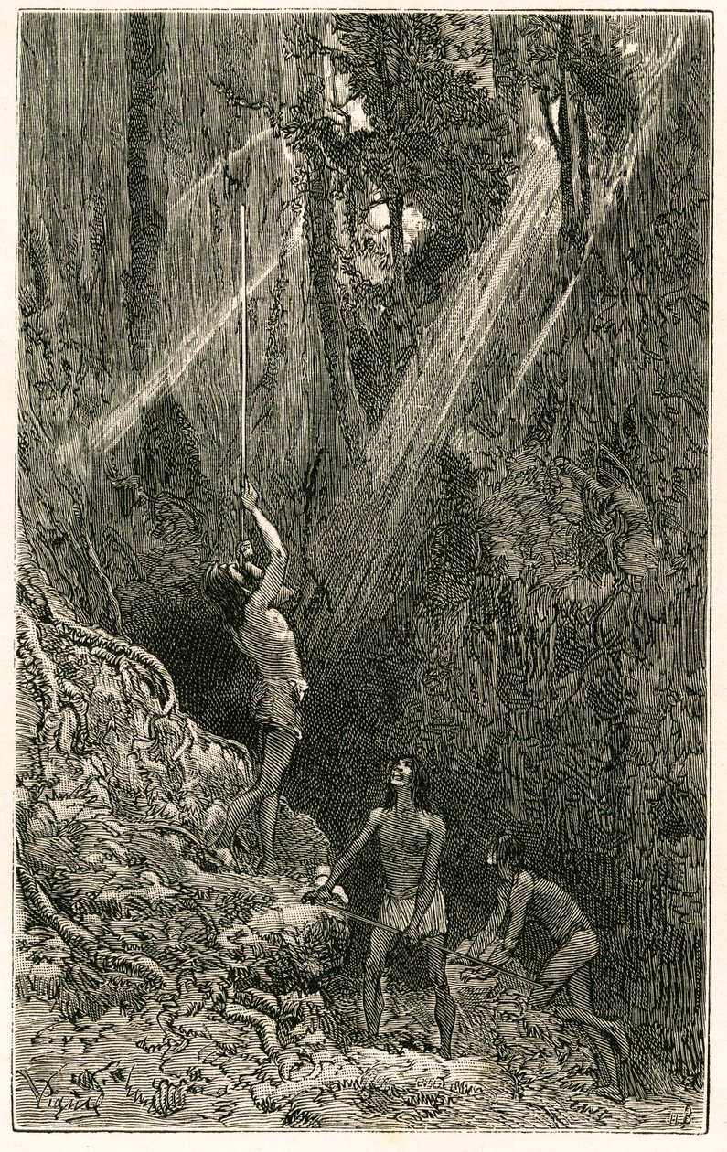 Índios Suno, das margens do Rio Napo (Amazonas), caçando por sarbacan. Gravura de Vignal, para ilustrar a história "Amazônia e Cordilheiras". de Pierre Vignal