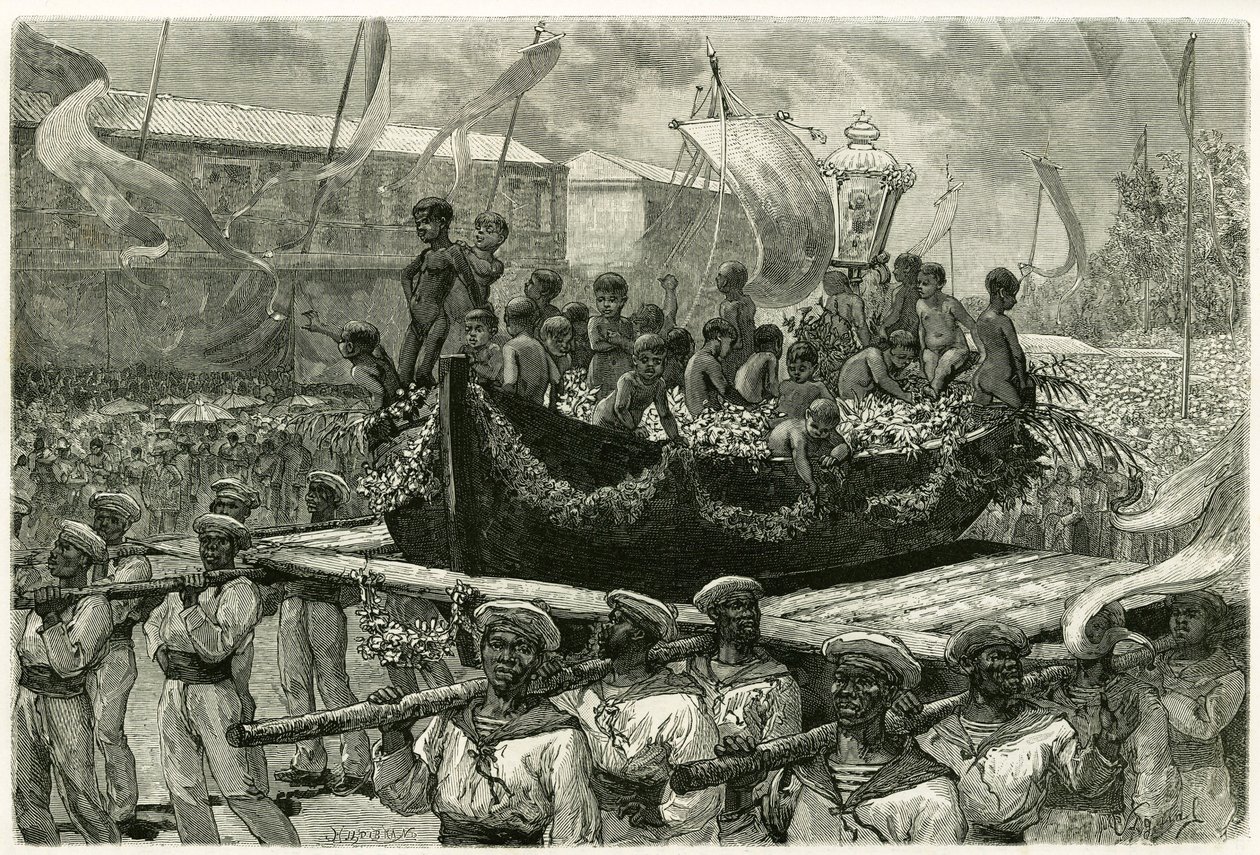 A procissão do Cirio na véspera de Todos os Santos, religiosa e popular, a imagem da Virgem é transportada através da cidade na canoa de um navio que desapareceu em 1793, que os sobreviventes ofereceram ex-voto da Virgem Milagrosa. Gravação por de Pierre Vignal