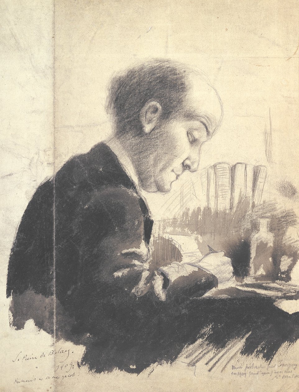Retrato de Max Jacob (1876-1944) 1917 (lápis e guache) de Pierre de Belay