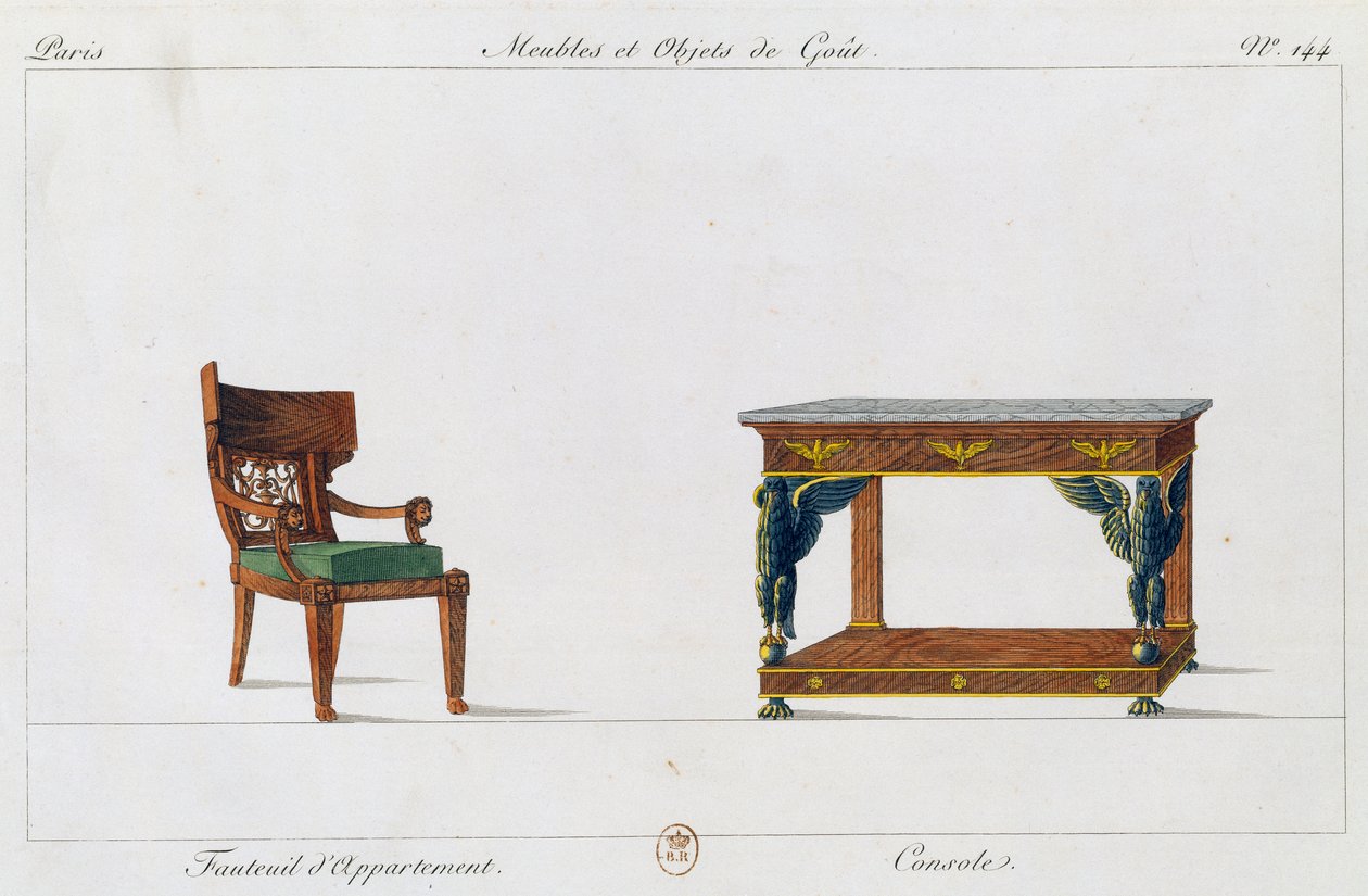 Poltrona e console do apartamento, placa 144, ilustração da Collection de meubles et objects de gout (Coleção de móveis e objetos de gosto) de Pierre de La Mesangere