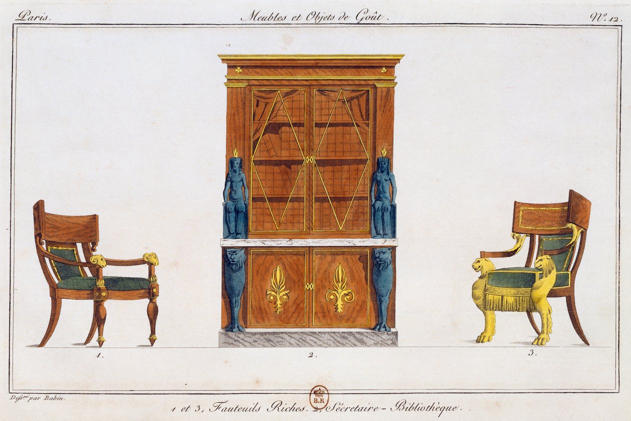 Poltronas e escrivaninha da biblioteca, prato 12, ilustração da Collection de meubles et objects de gout (Coleção de móveis e objetos de gosto) de Pierre de La Mesangere