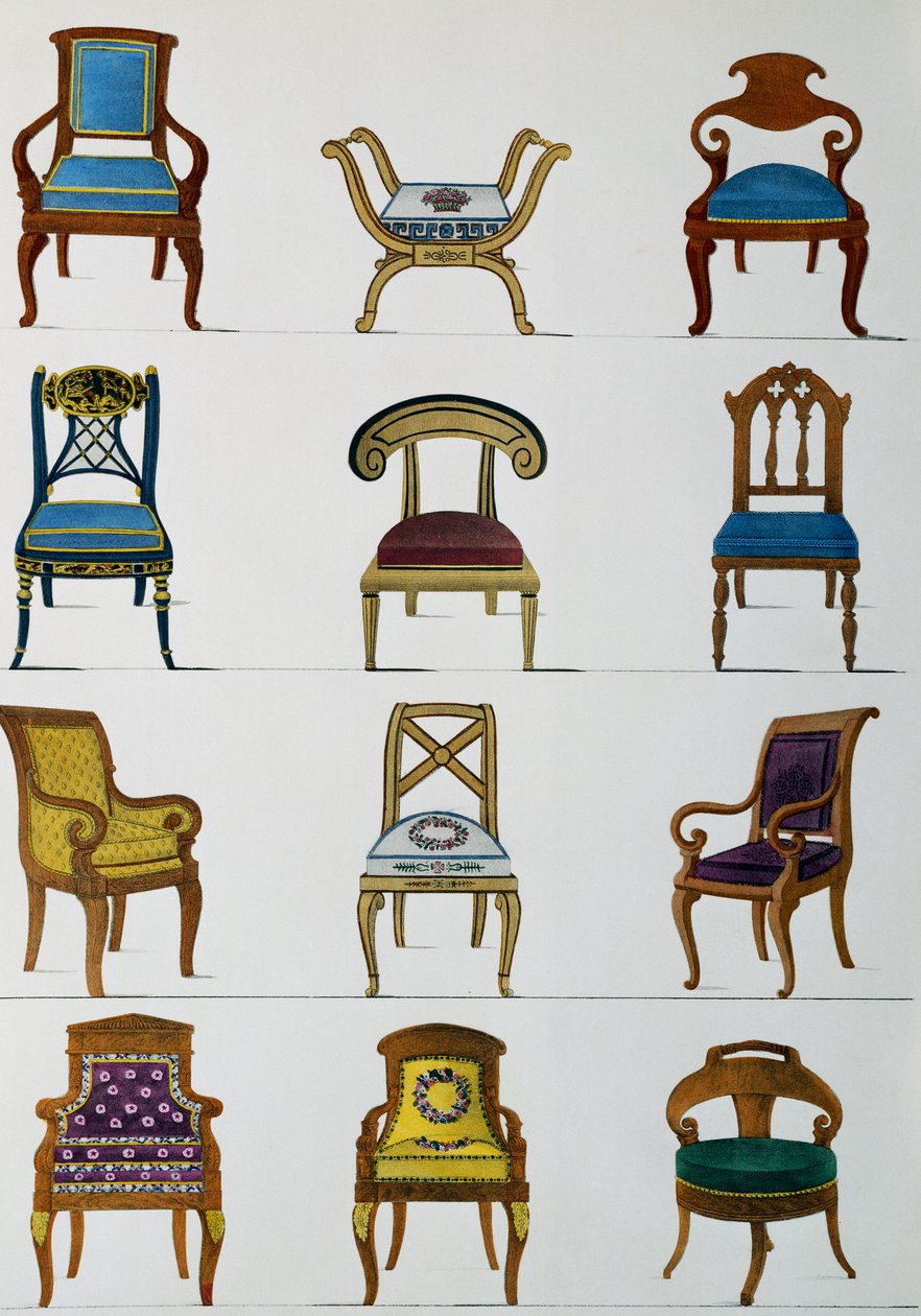 Cadeirões, cadeiras e apoios de pés, Ilustração da Colecção de Meubles et objects de gout (Colecção de móveis e objectos de gosto) de Pierre de La Mesangere