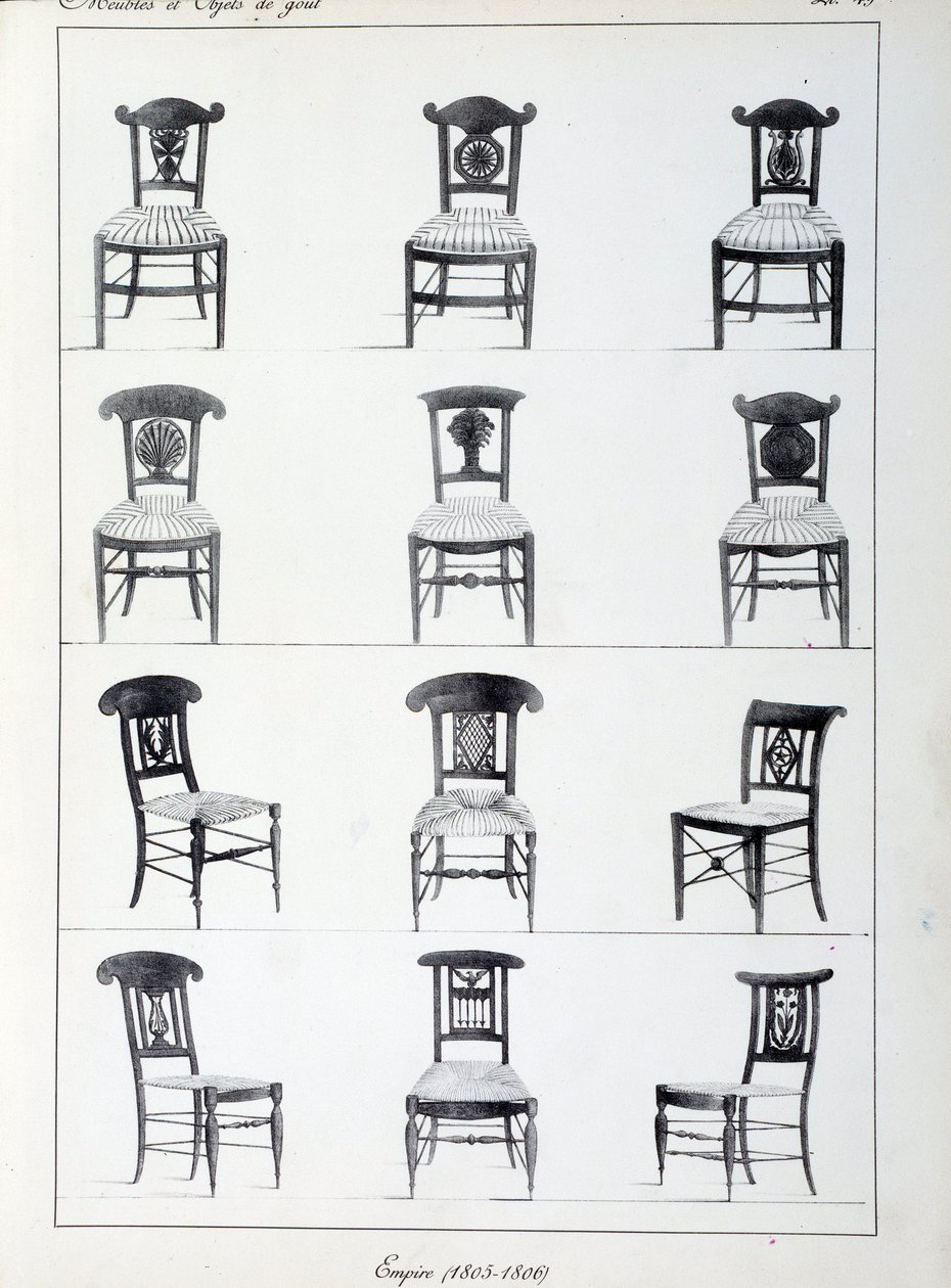 Diferentes modelos de cadeiras Premier Empire (1805-1806). Prato retirado da colecção "Collection de meubles et objets de taste" de Pierre de la Mesangere (1761-1831). Paris. Artes Decorativas de Pierre de La Mesangere