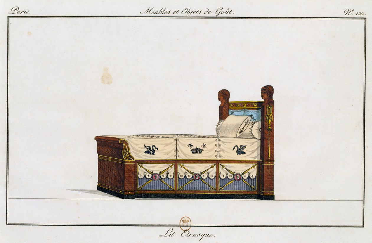 Cama etrusca, prato 122, ilustração da Collection de meubles et objects de gout (Colecção de móveis e objectos de gosto) de Pierre de La Mesangere