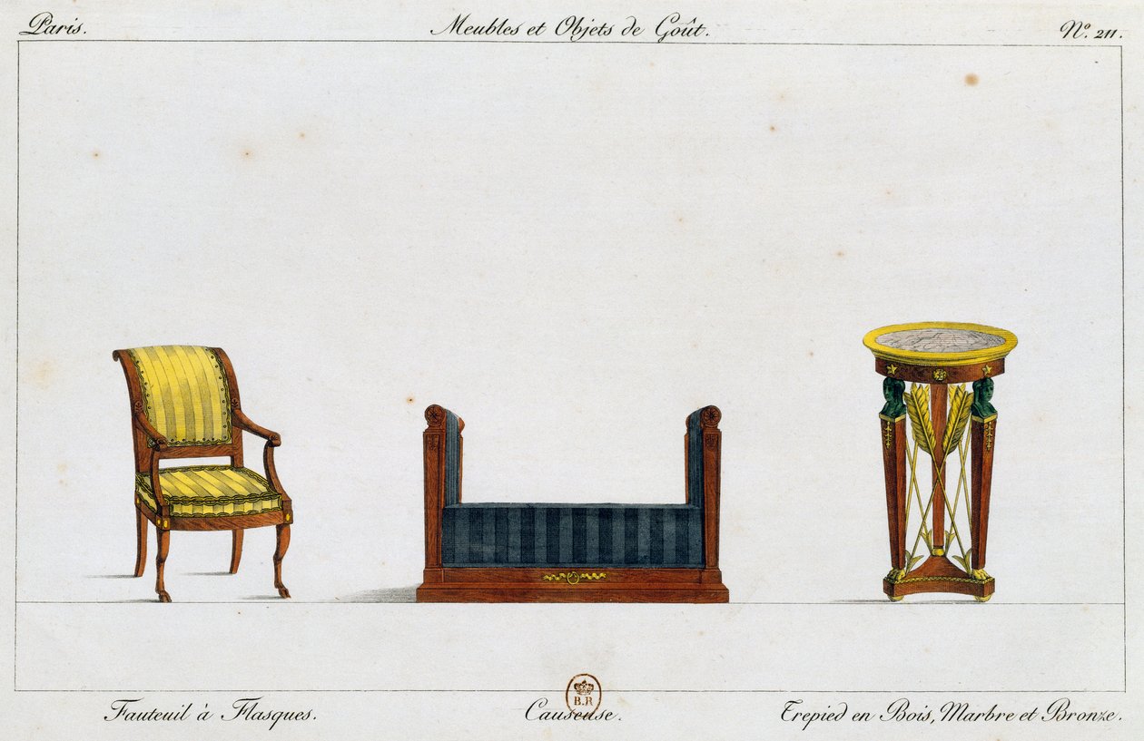 Cadeira de braços flangeada, mesa de casal e tripé, prato 211, ilustração da Collection de meubles et objects de gout (Coleção de móveis e objetos de gosto) de Pierre de La Mesangere
