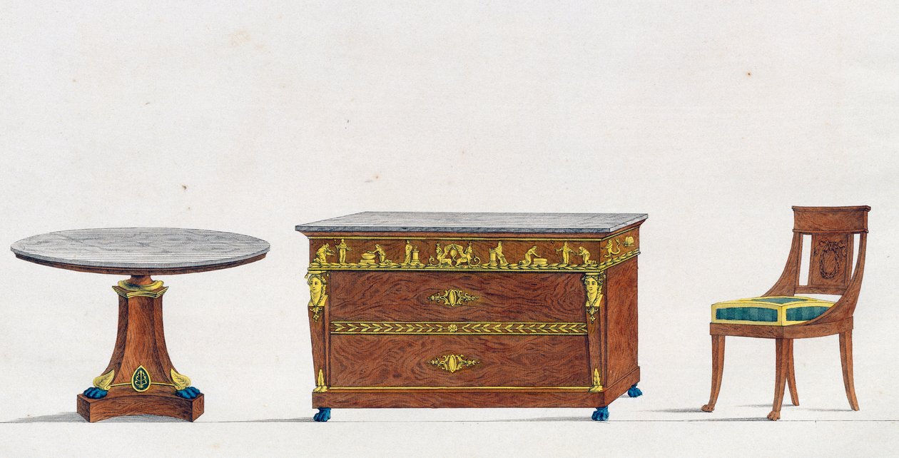 Mesa em mogno, cómoda e cadeira, prato 241, ilustração da Collection de meubles et objects de gout (Colecção de móveis e objectos de gosto) de Pierre de La Mesangere