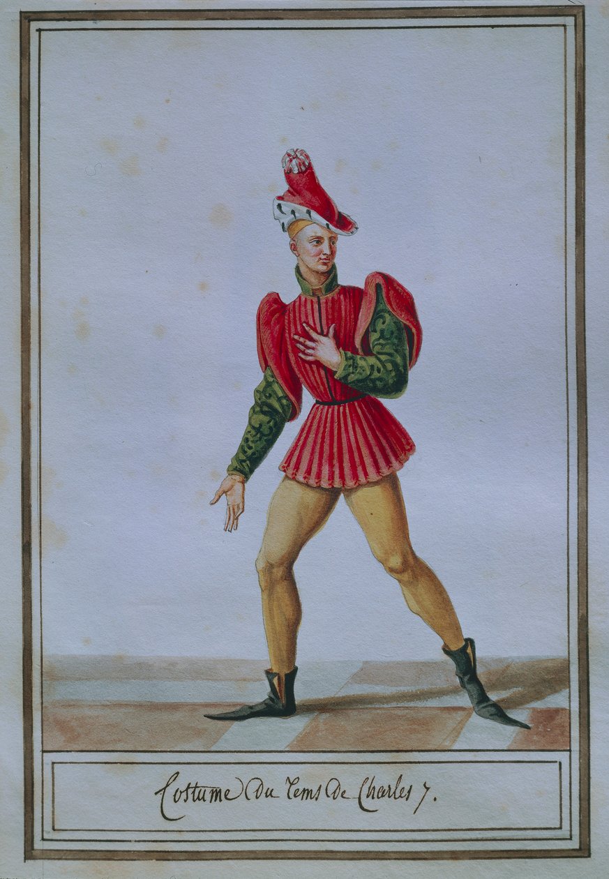 Prato de moda masculino retratando a fantasia do tempo de Carlos VII (1403-1461), de Pierre Antoine Leboux de La Mesangere (1761-1831), aguarela de Pierre de La Mesangere