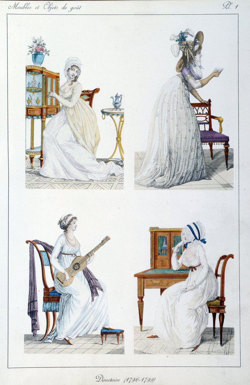 Retratos de mulheres do período Conselho Executivo envolvidas em diversas atividades artísticas e sociais. Placa retirada da colecção "Collection de meubles et objets de taste" de Pierre de la Mesangere (1761-1831). 1802. Paris. Artes Decorativas de Pierre de La Mesangere