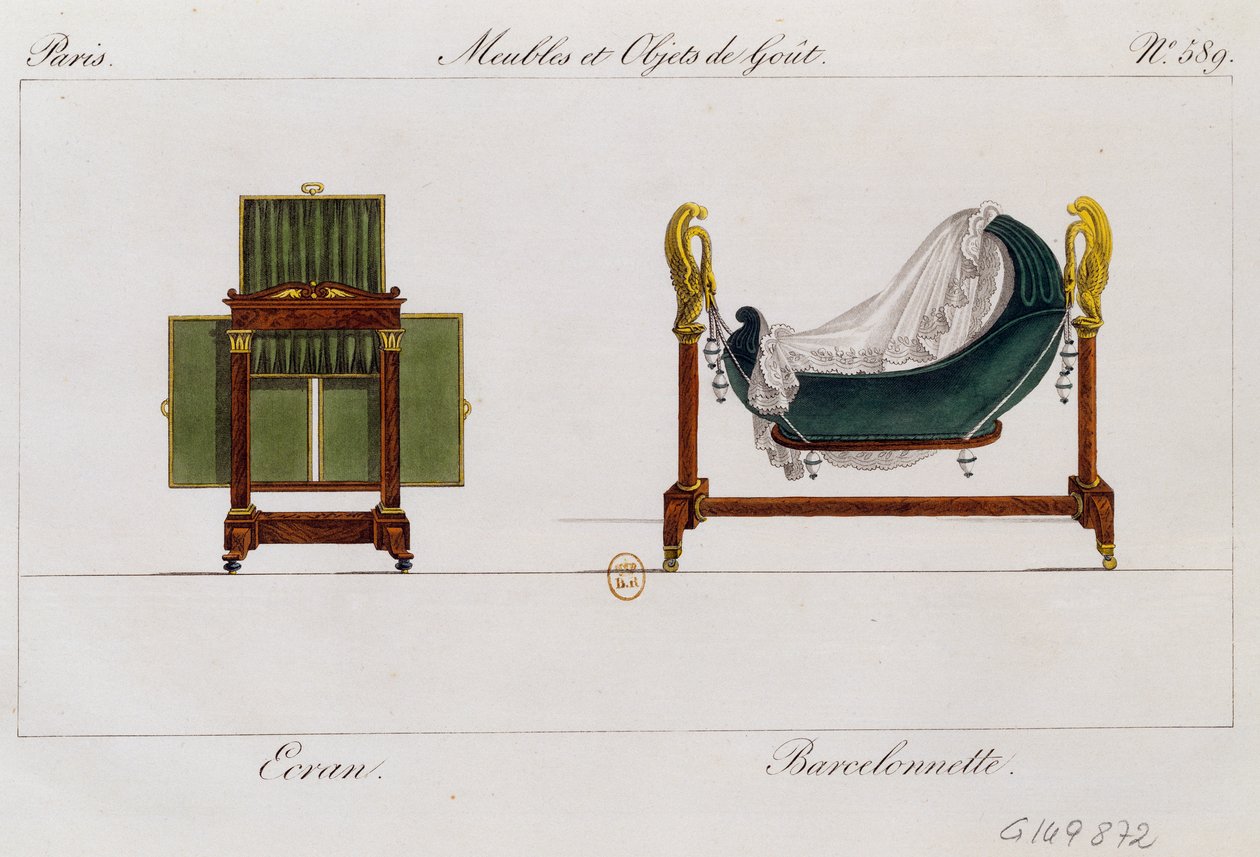 Tela e berço de balanço, prato 589, ilustração da Collection de meubles et objects de gout (Coleção de móveis e objetos de gosto) de Pierre de La Mesangere
