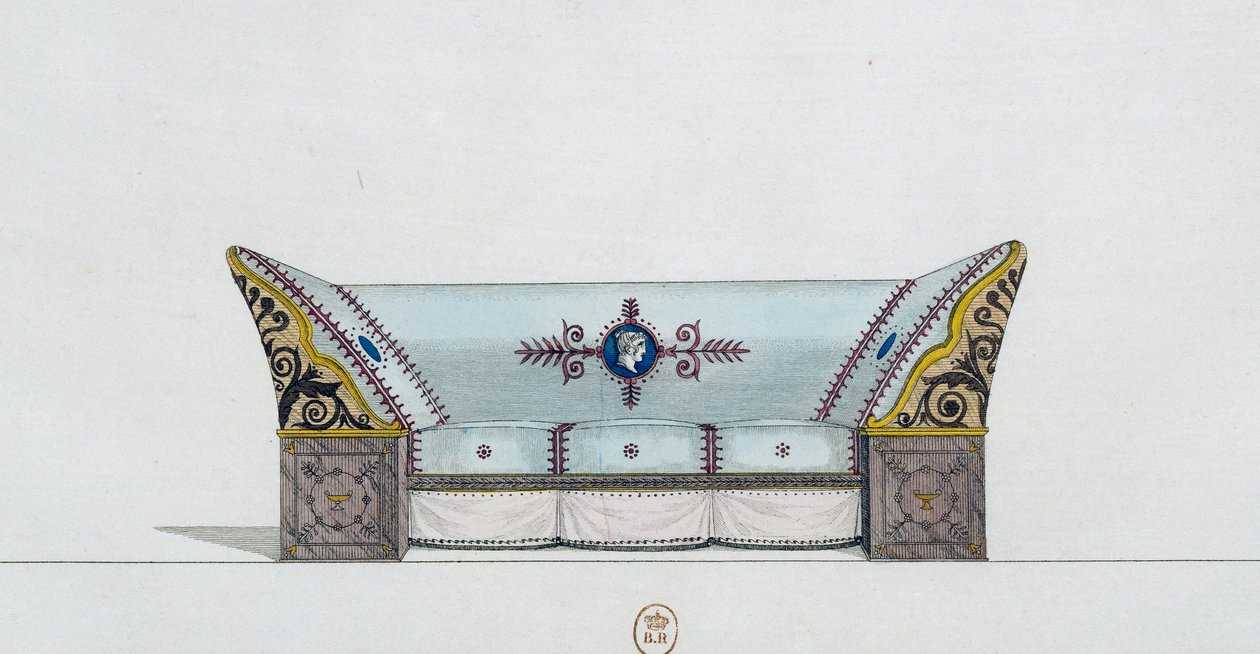 Sofá, prato 106, ilustração da Collection de meubles et objects de gout (Coleção de móveis e objetos de gosto) de Pierre de La Mesangere