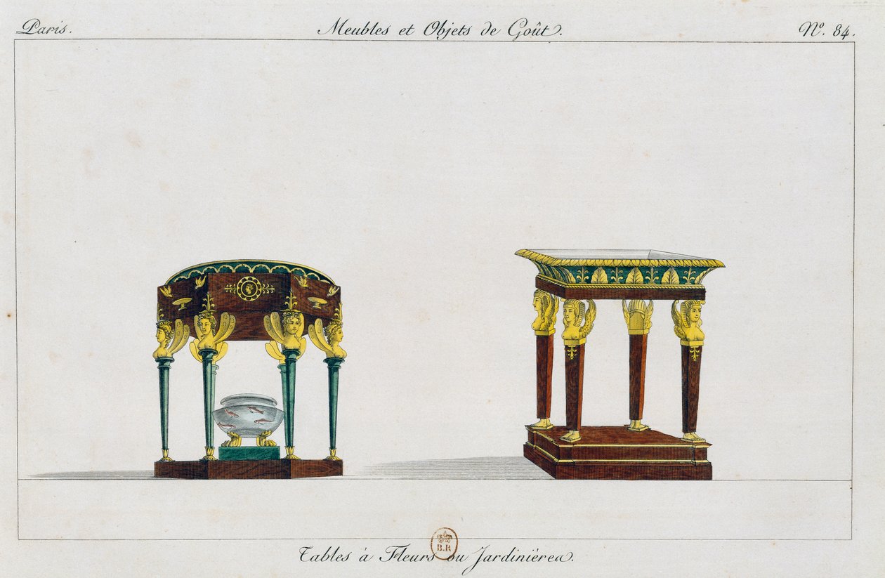Mesas para flores ou suportes de flores, placa 84, ilustração da Collection de meubles et objects de gout (Colecção de móveis e objectos de gosto) de Pierre de La Mesangere