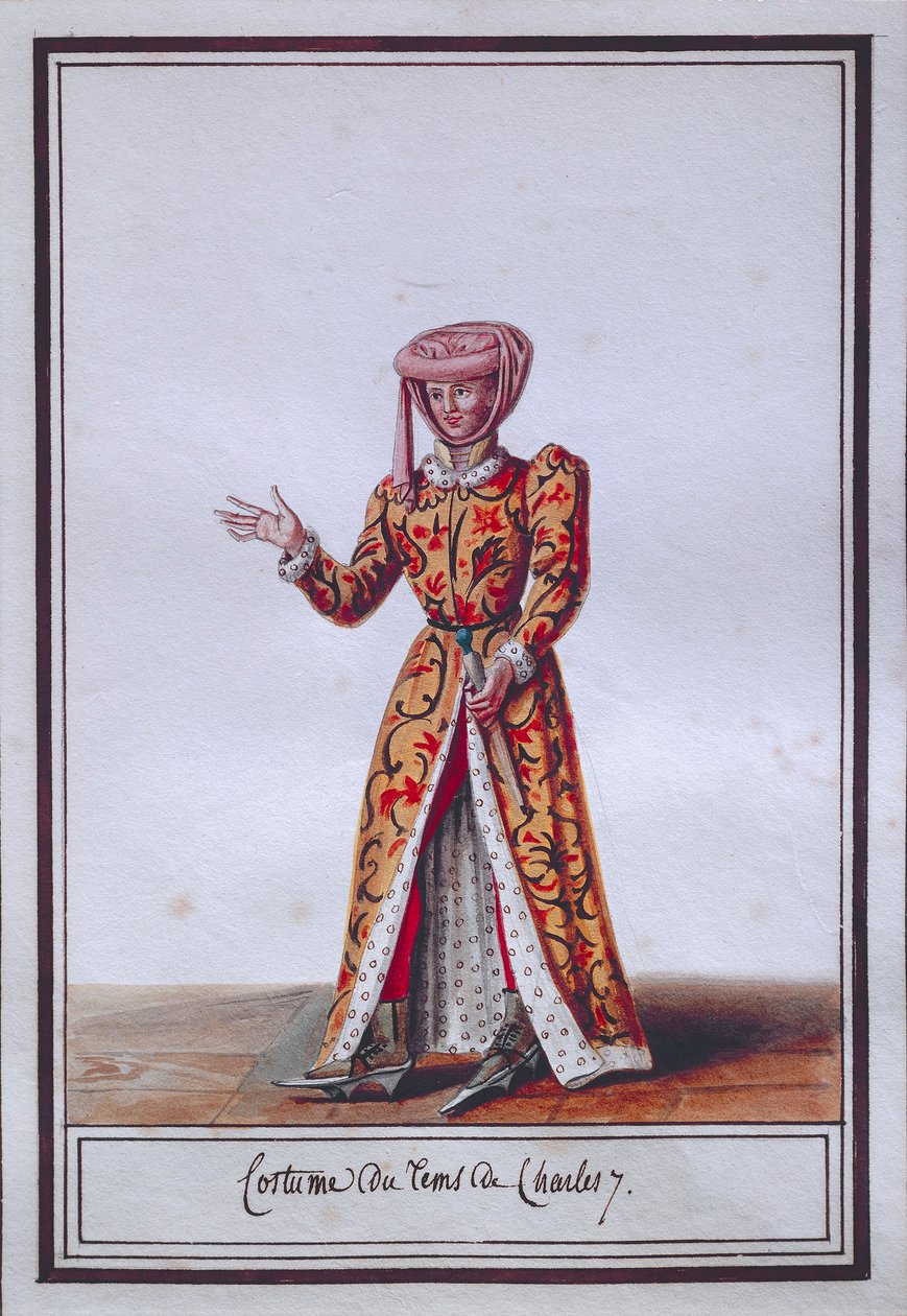 Prato de moda feminina representando a fantasia do tempo de Carlos VII (1403-1461), de Pierre Antoine Leboux de La Mesangere (1761-1831), aguarela de Pierre de La Mesangere
