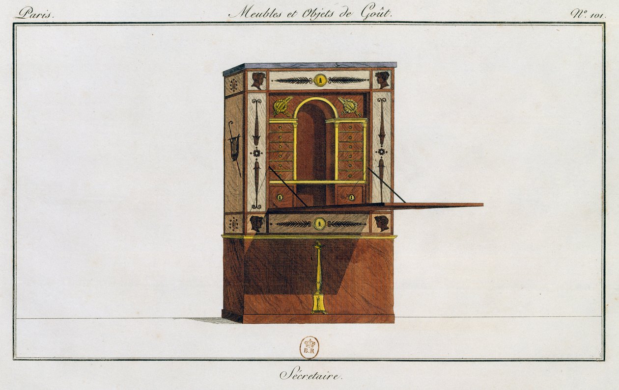 Mesa de escrever, prato 101, ilustração da Collection de meubles et objects de gout (Coleção de móveis e objetos de gosto) de Pierre de La Mesangere