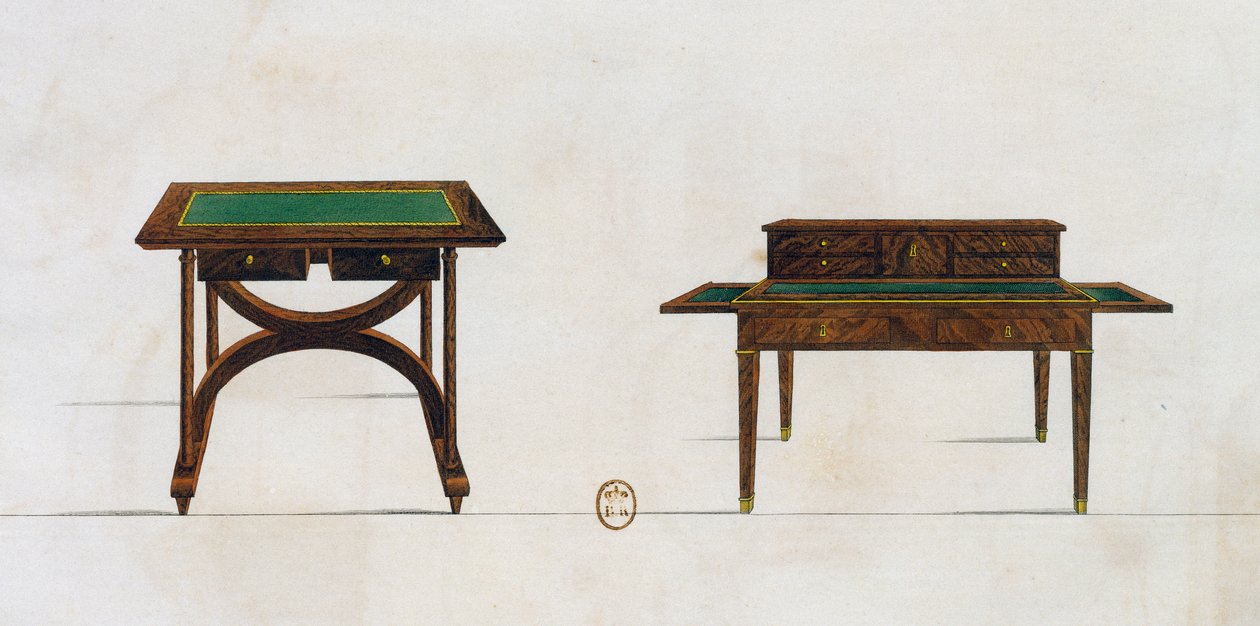 Mesa e mesa de escrever, prato 436, ilustração da Collection de meubles et objects de gout (Coleção de móveis e objetos de gosto) de Pierre de La Mesangere