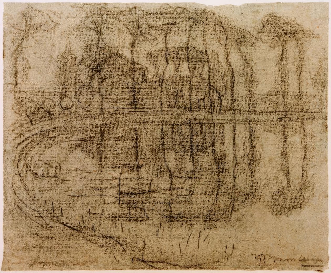 Quinta com árvores pela água de Piet Mondrian