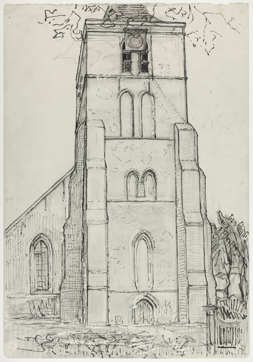 Torre da igreja em Domburg, final de 1910-início de 1911 (tinta sobre lápis e giz de cera no papel) de Piet Mondrian