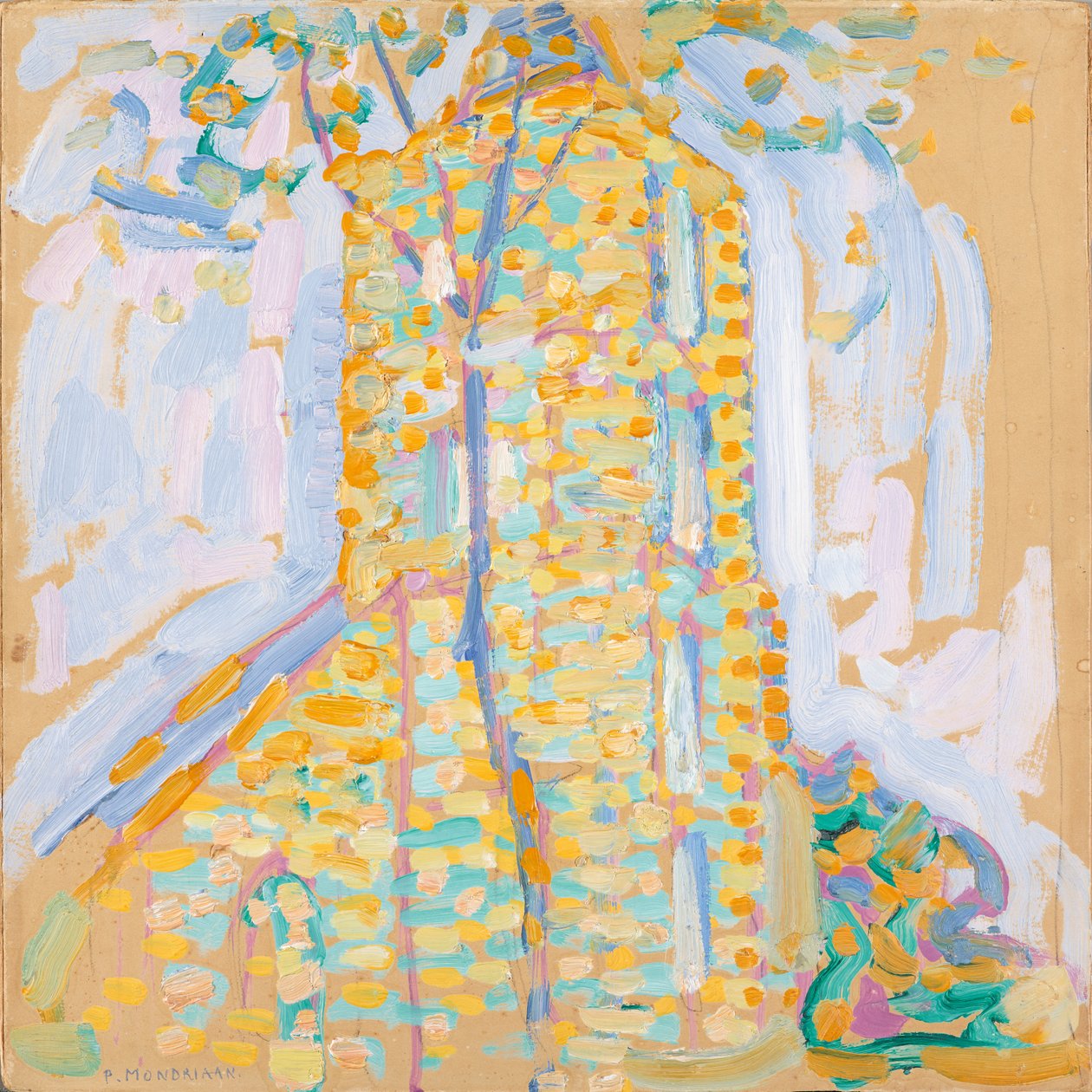 Igreja em Domburg with Tree, 1909 (óleo sobre papelão) de Piet Mondrian