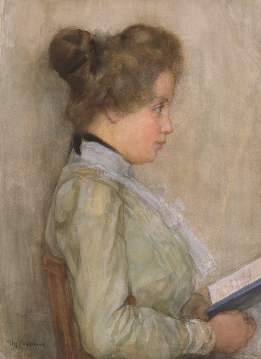 Torso feminino no perfil com o livro, c.1898-1900 (wc no papel) de Piet Mondrian