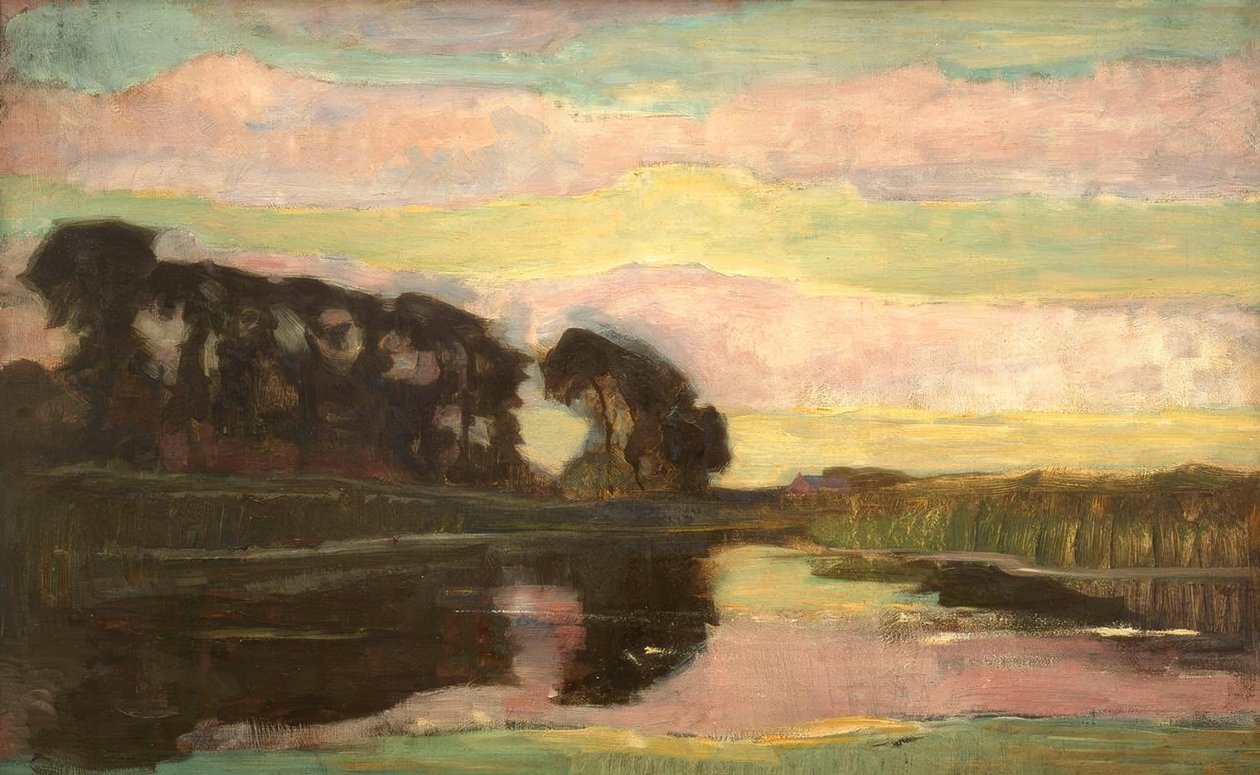 Paisagem do rio com céu rosa e verde-amarelo de Piet Mondrian