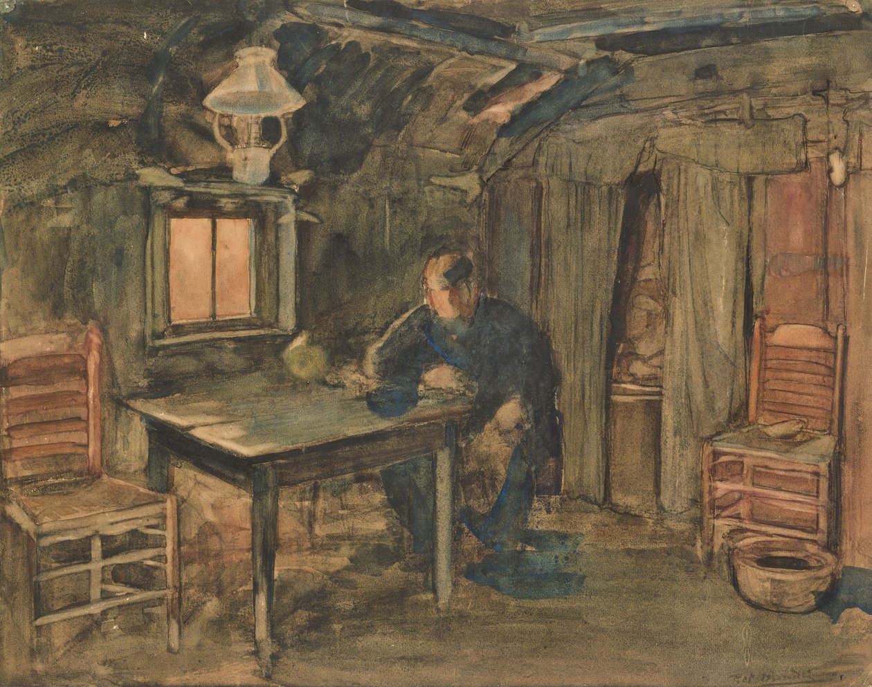 Hannes Van Nistelrode sentado em sua fazenda, 1904 (wc no papel) de Piet Mondrian
