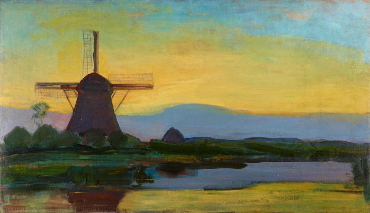 Moinho Oostzijdse com céu estendido azul, amarelo e roxo, c.1907-início de 1908 de Piet Mondrian