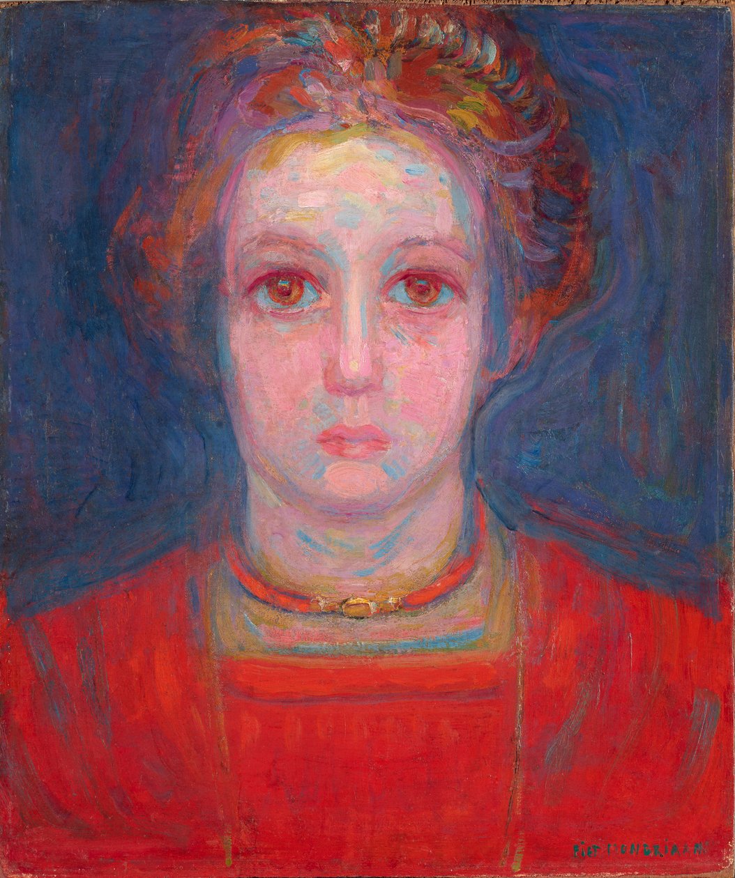 Retrato de uma menina em vermelho, c.1908-09 (óleo sobre tela montado no painel) de Piet Mondrian