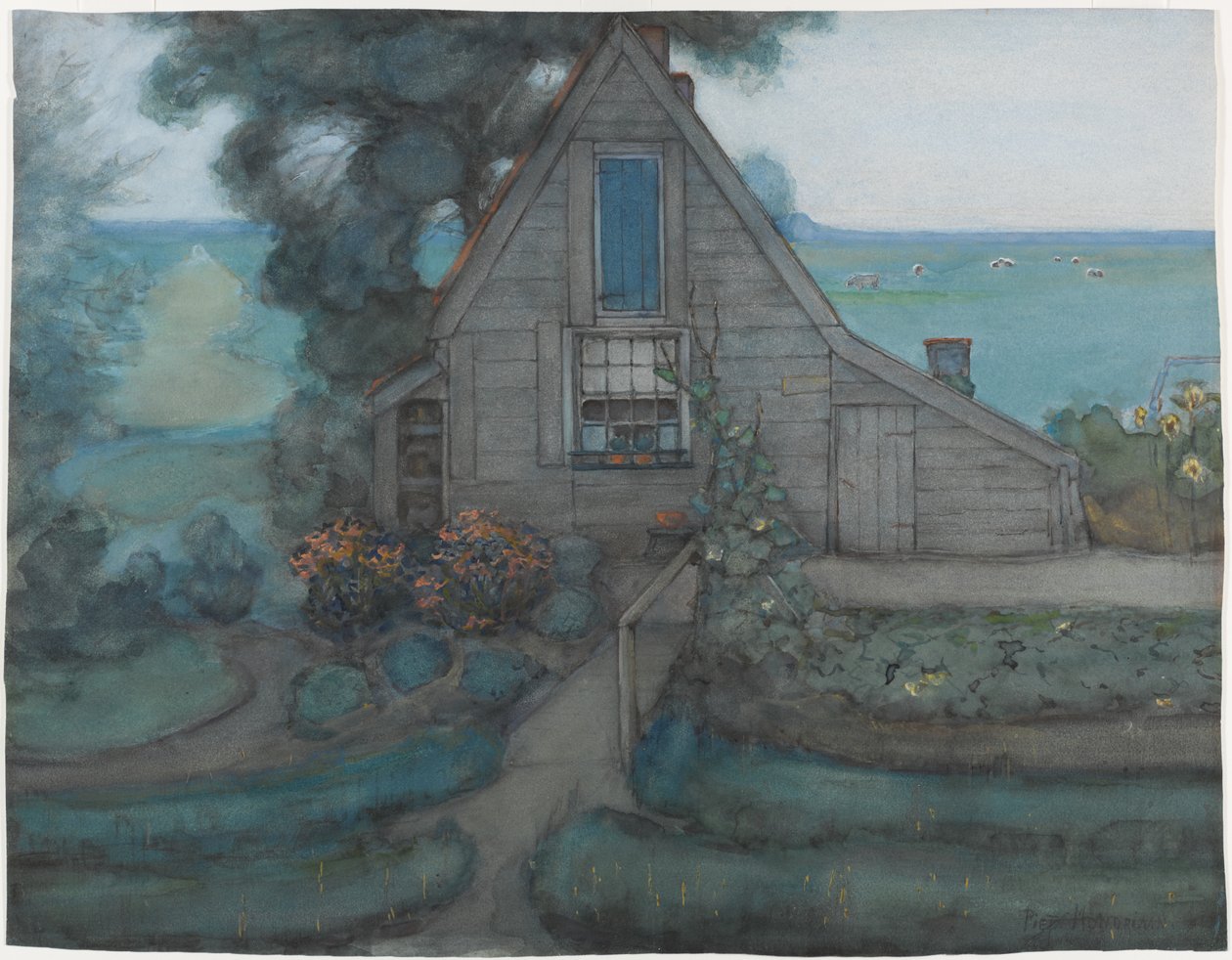 Fachada Triangulada de Quinta com Pôlder em Azul, c.1900 (wc e guache sobre papel) de Piet Mondrian
