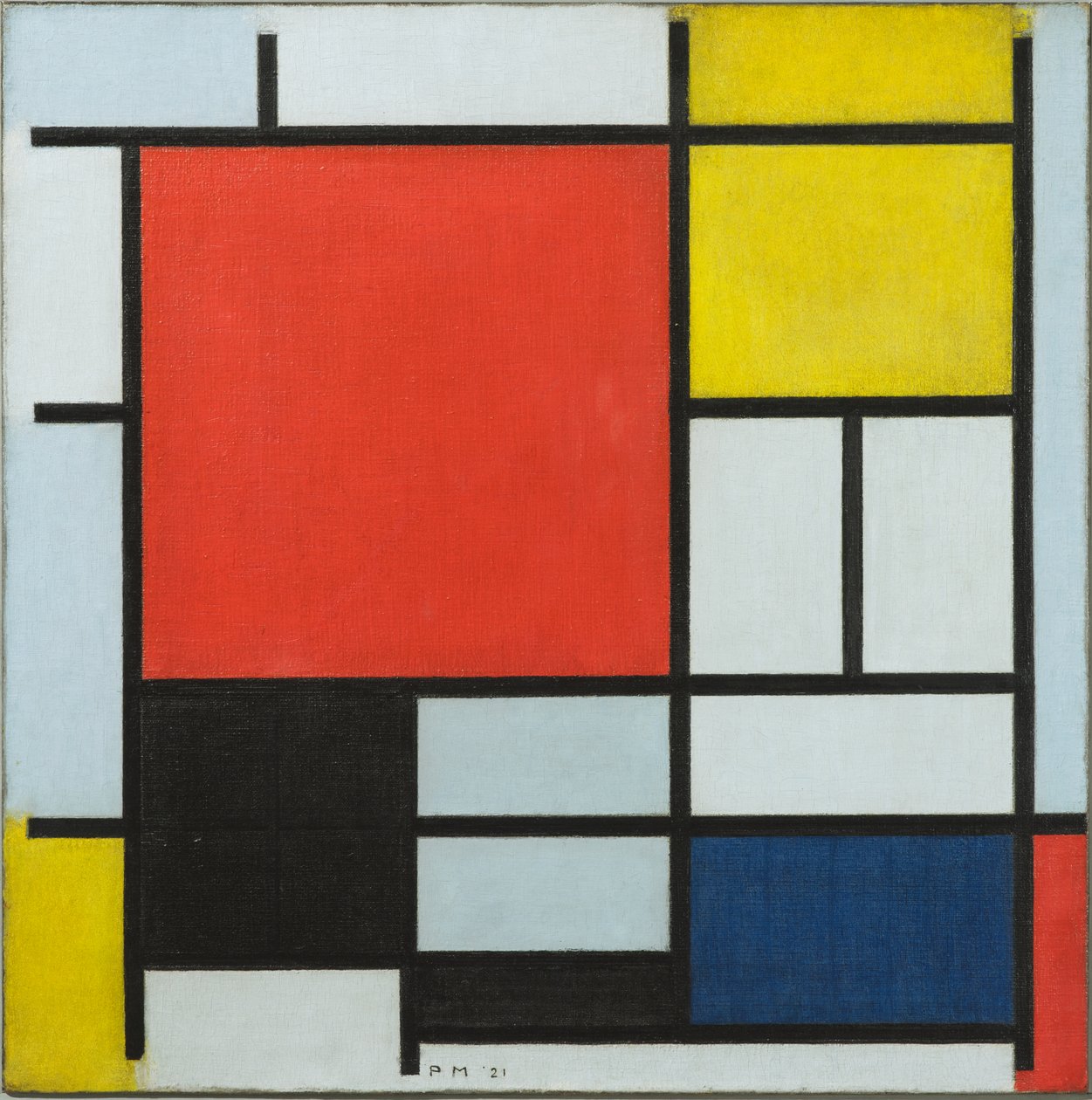 Composição com grande avião vermelho, amarelo, preto, cinza e azul
