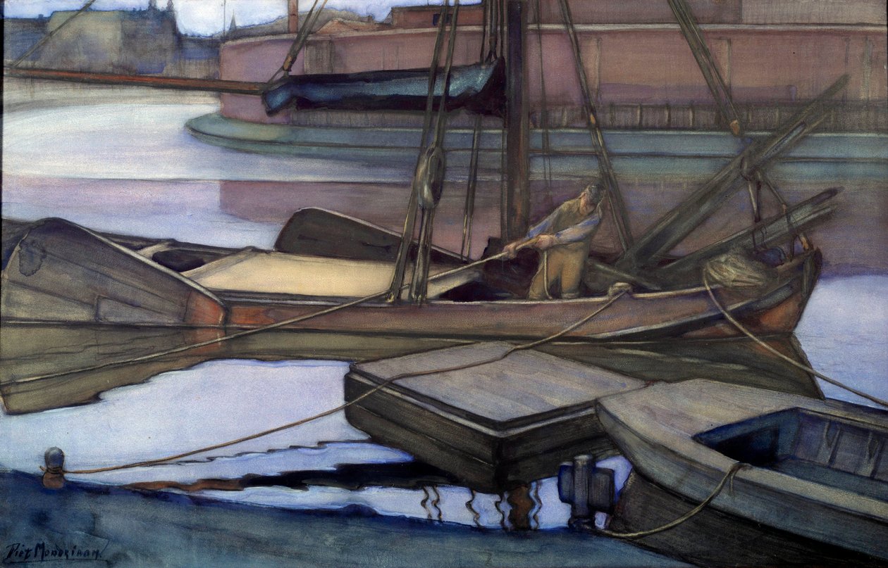 Partindo para pescar (Zuidersee) 1900 (aquarela e carvão) de Piet Mondrian