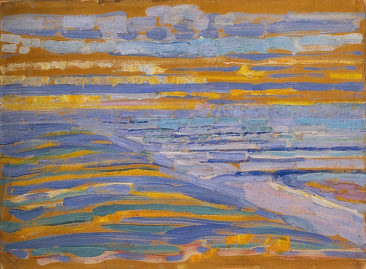 Dunas com praia e píer, Domburg. 1909 de Piet Mondrian