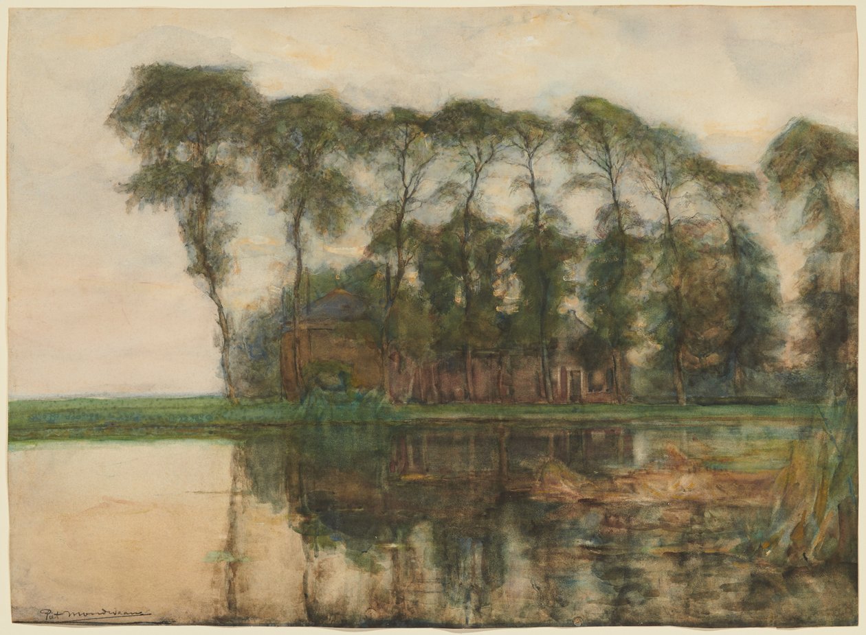 Quinta junto à água, ocultada por nove árvores altas de Piet Mondrian