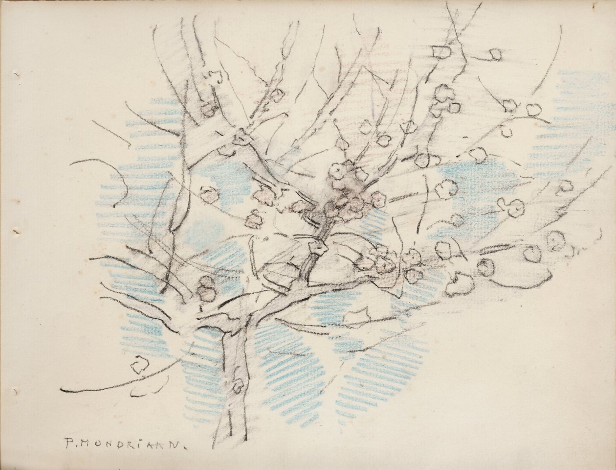 Árvore florida, c.1917-18 (lápis e lápis de cera sobre papel) de Piet Mondrian