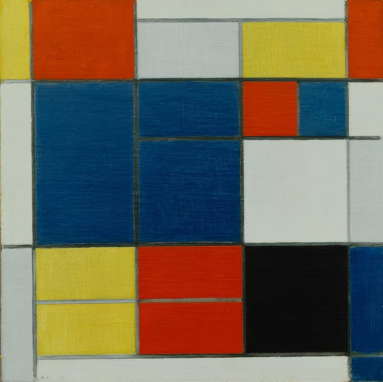 Composição C; Composição com amarelo, vermelho, azul-cinza, azul a de Piet Mondrian