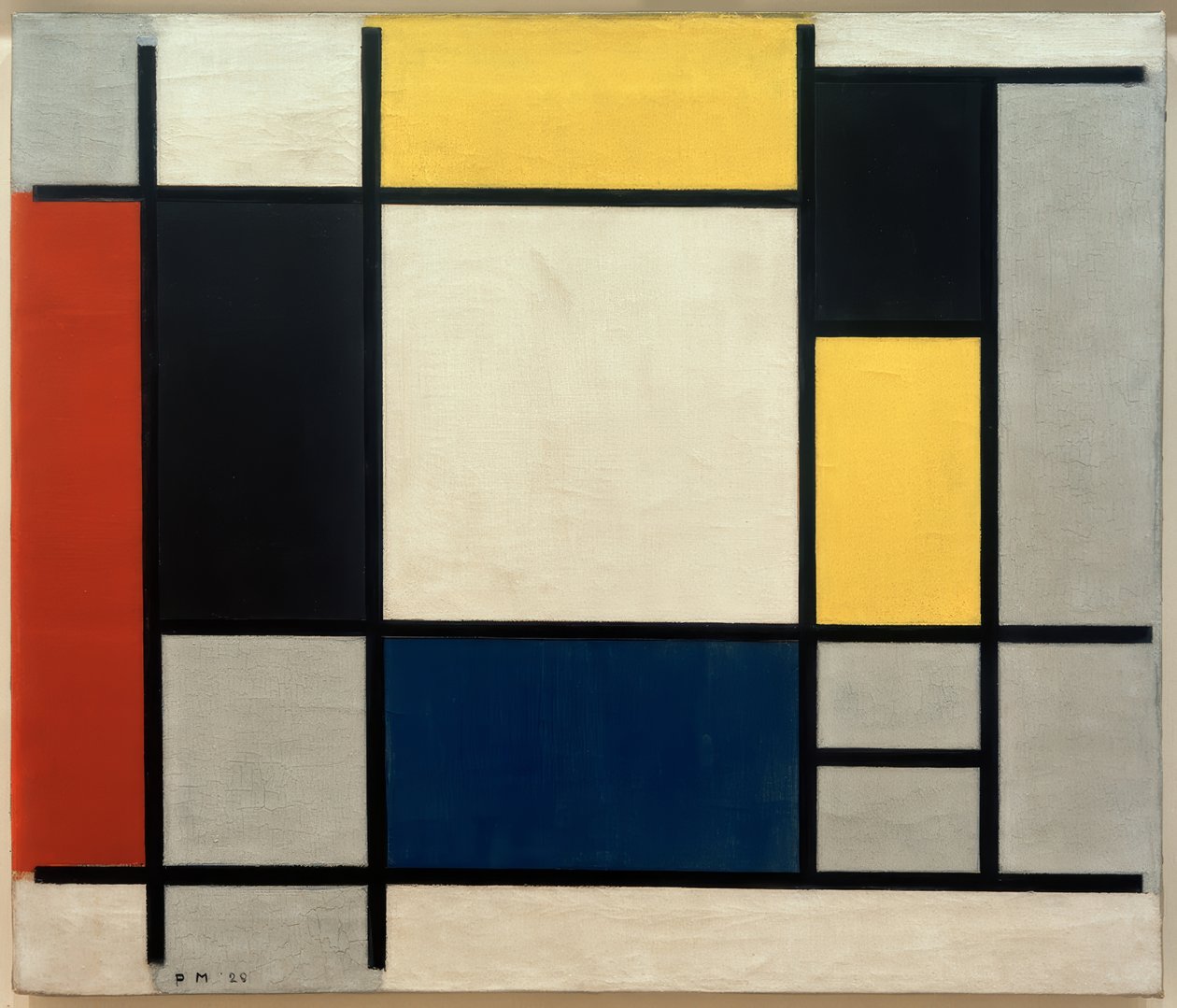 Composição com amarelo, vermelho, preto, azul e cinza de Piet Mondrian