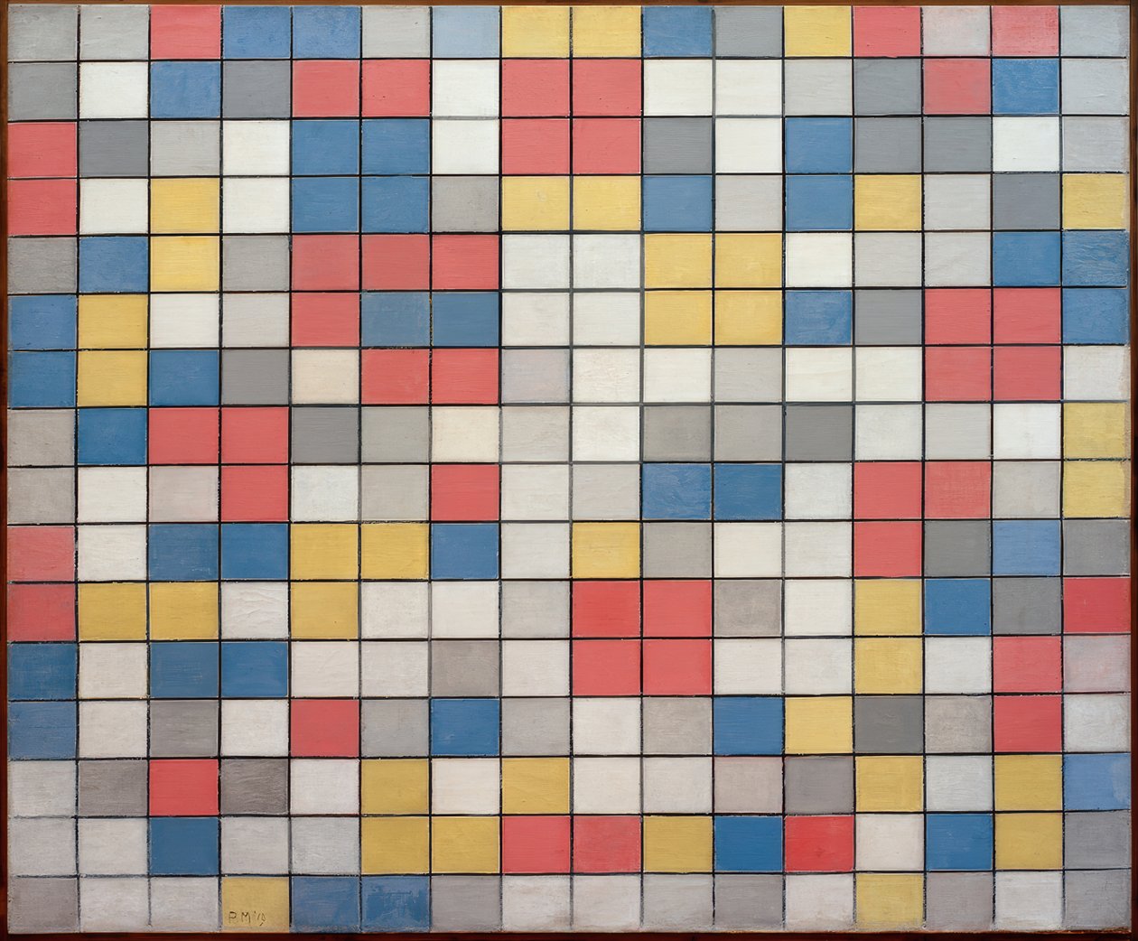 Composição com grade 9; Tabuleiro de xadrez com cores brilhantes de Piet Mondrian