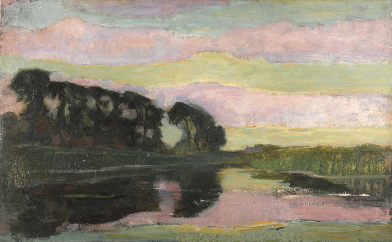Paisagem do rio com céu rosa e amarelo-esverdeado, ca 1907-1908. de Piet Mondrian