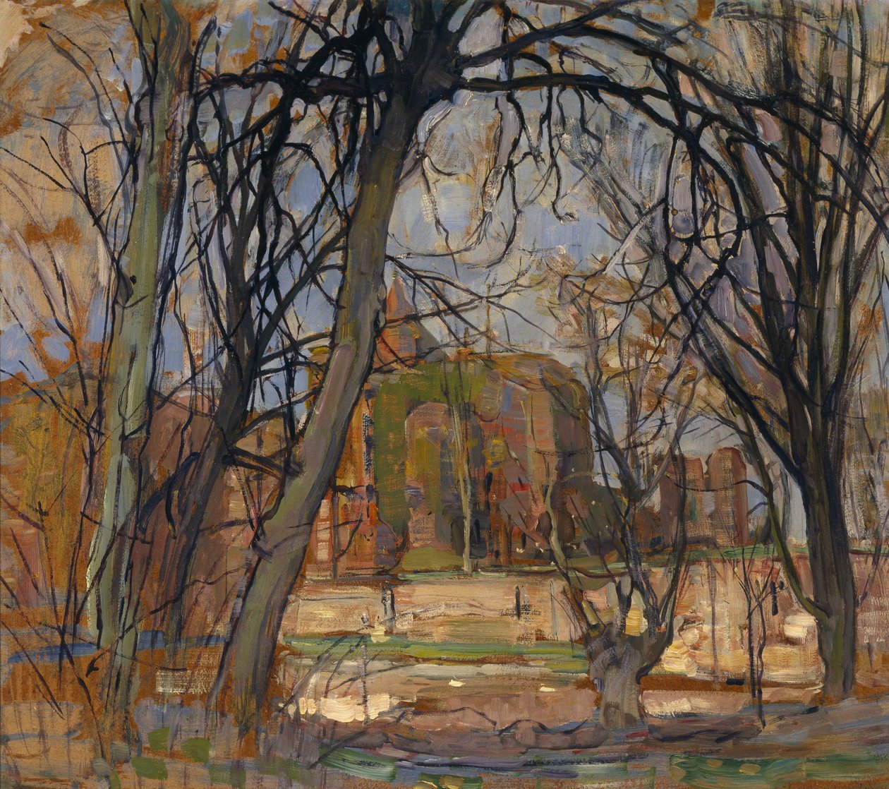 Sol da Primavera (Lentezon): Ruína do Castelo: Brederode, c.1909-10 (óleo sobre masonite) de Piet Mondrian