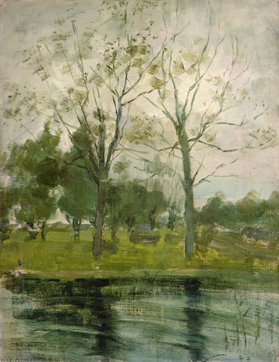 Duas árvores silhueta atrás de um curso de água de Piet Mondrian