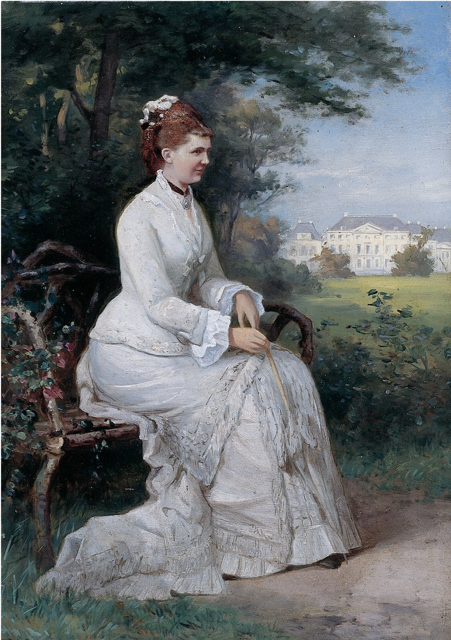 Retrato da Princesa Emma von Waldeck-Pyrmont sentada em um banco no parque do Palace Het Loo (óleo a bordo) de Piet Schipperus