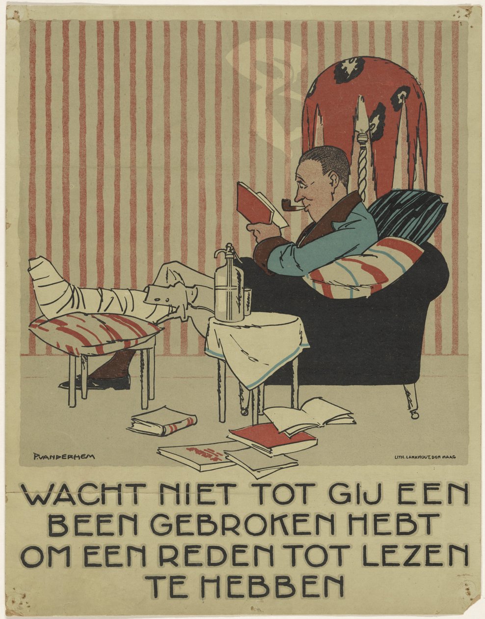 Homem de leitura com a perna partida numa poltrona
Campanha de promoção do livro (título da série) de Piet van der Hem