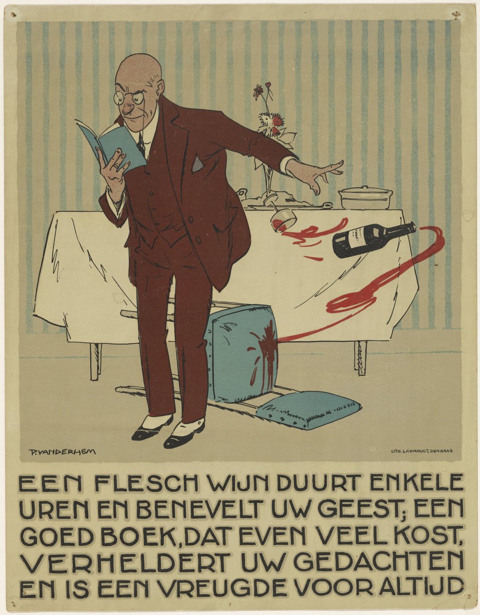 Homem que lê acidentalmente derruba garrafa e copo de vinho da mesa Campanha de divulgação do livro (título da série) de Piet van der Hem