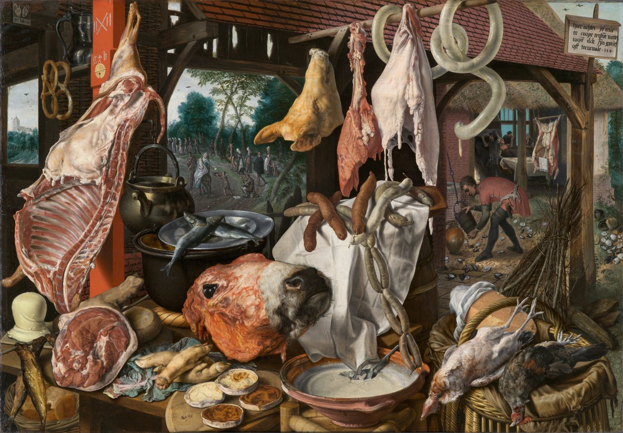 Ainda vida com carne e a Sagrada Família de Pieter Aertsen