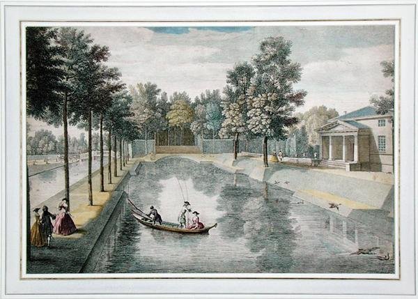Os jardins da água em Chiswick House, Londres, c.1728-30 (cor gravura) (ver também 18868, 176475) de Pieter Andreas after Rysbrack