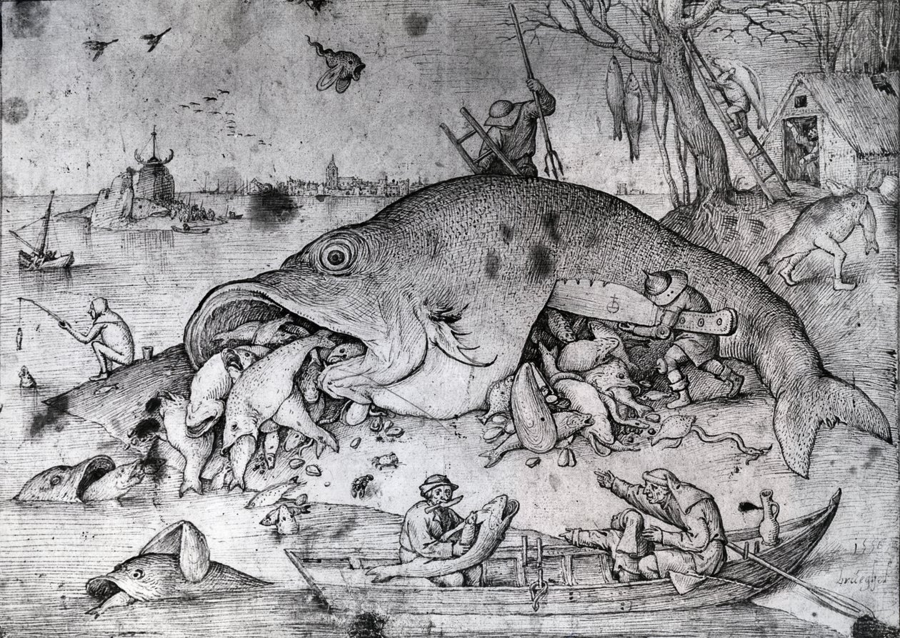 Grandes peixes comem pequenos 1556 (caneta e tinta no papel) de Pieter Bruegel the Elder