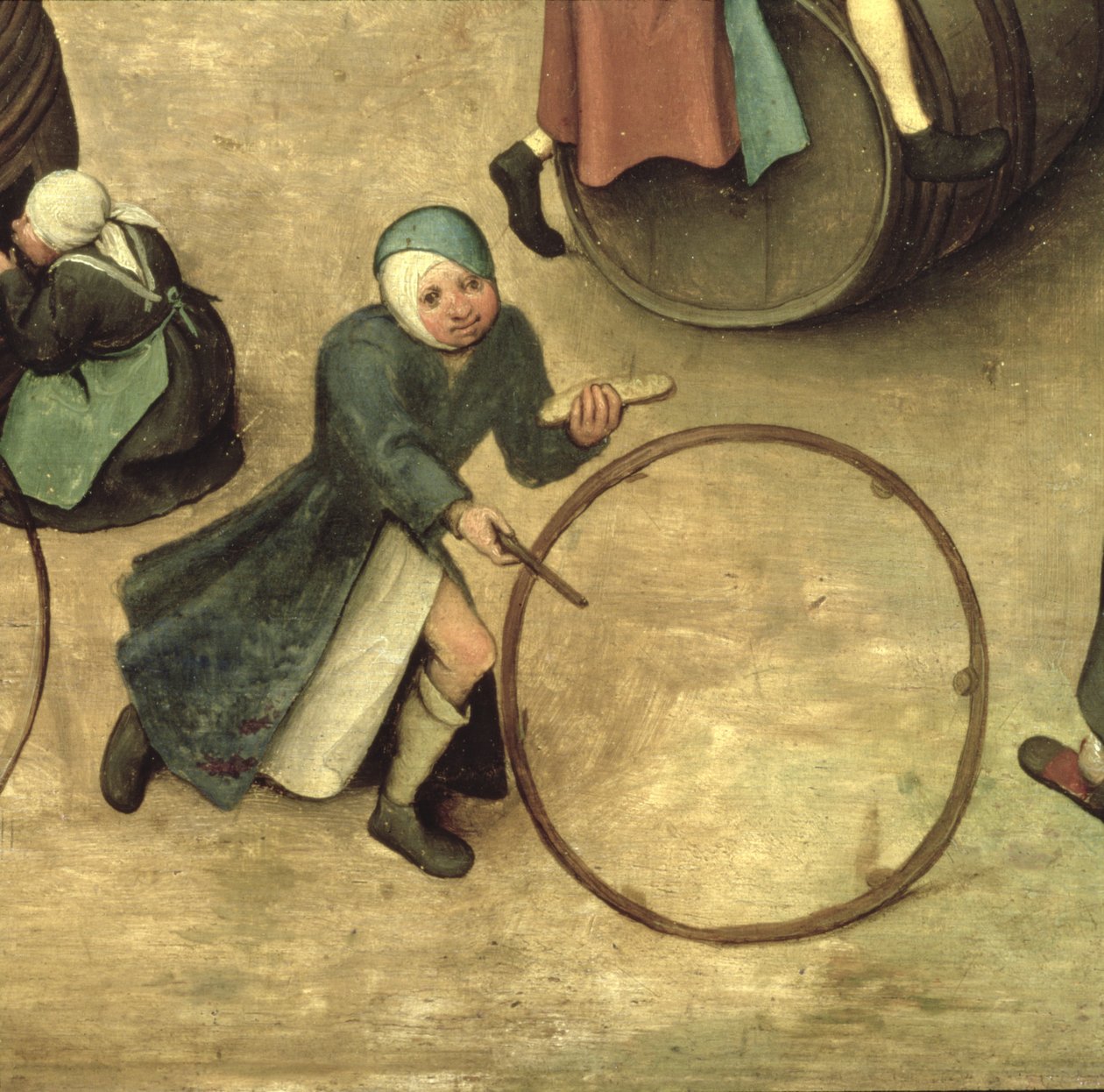 Jogos Infantis (Kinderspiele): detalhe de uma criança com uma vara e aro, 1560 (detalhe de 68945) de Pieter Bruegel the Elder