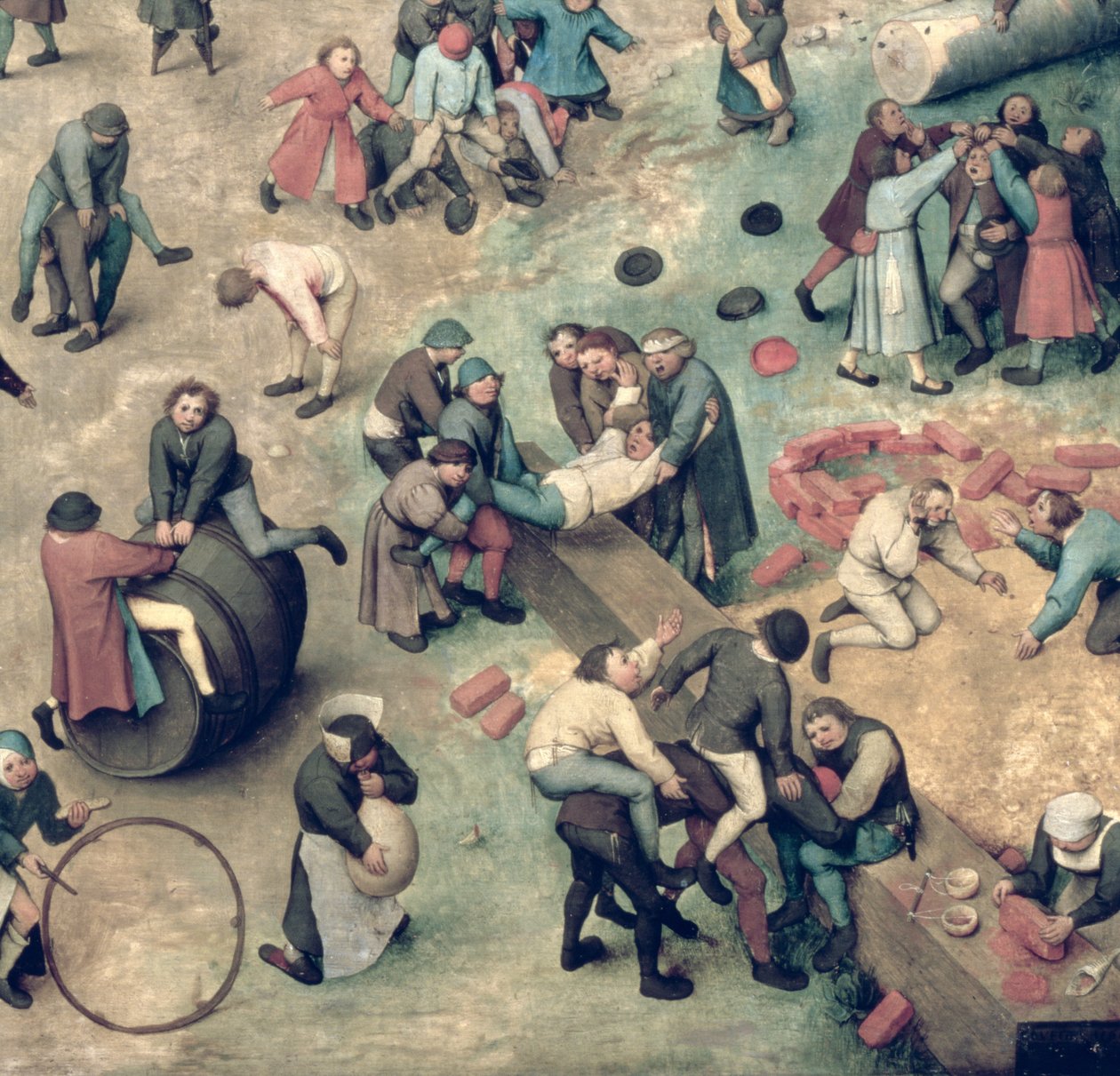 Jogos Infantis (Kinderspiele): detalhe do canto inferior direito representando crianças brincando com tijolos, aros e um barril, 1560 (detalhe de 68945) de Pieter Bruegel the Elder