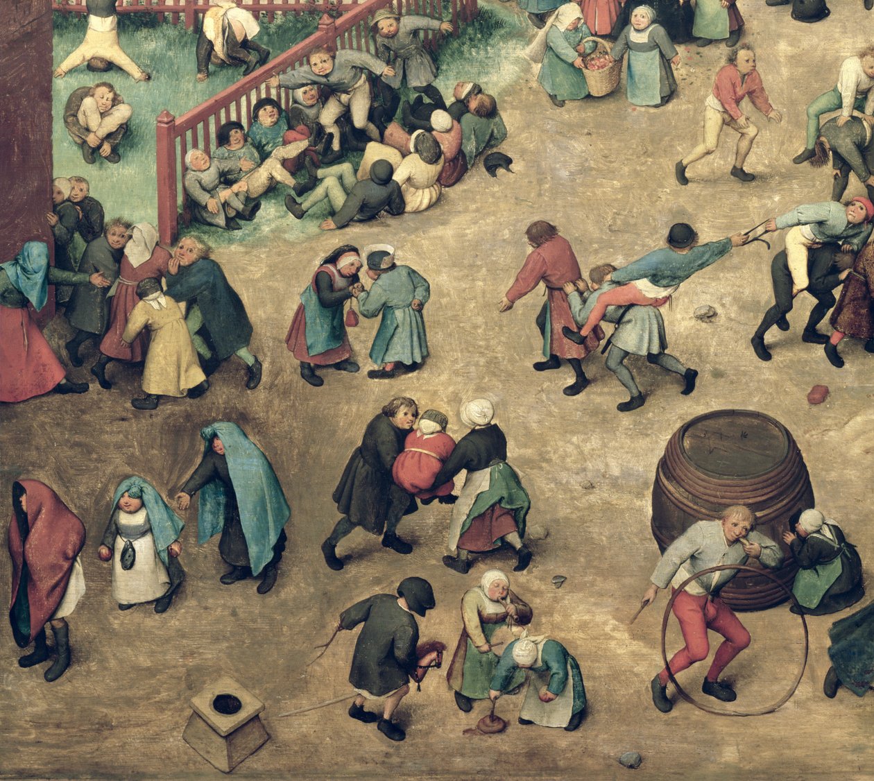 Jogos para crianças (Kinderspiele): detalhe da seção da mão esquerda mostrando crianças jogando boliche, handstands, jogando com um hobby-horse e outros jogos, 1560 (detalhe de 68945) de Pieter Bruegel the Elder
