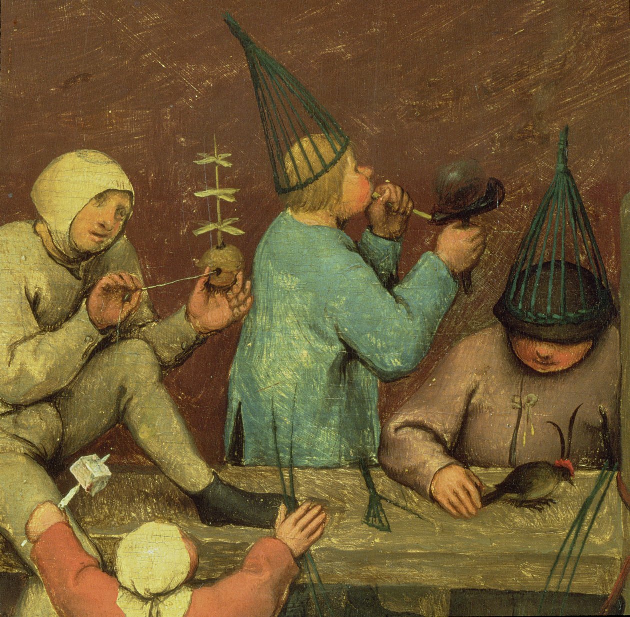 Jogos para crianças (Kinderspiele): detalhe da seção da mão esquerda mostrando crianças fazendo brinquedos e soprando bolhas, 1560 (detalhe de 68945) de Pieter Bruegel the Elder