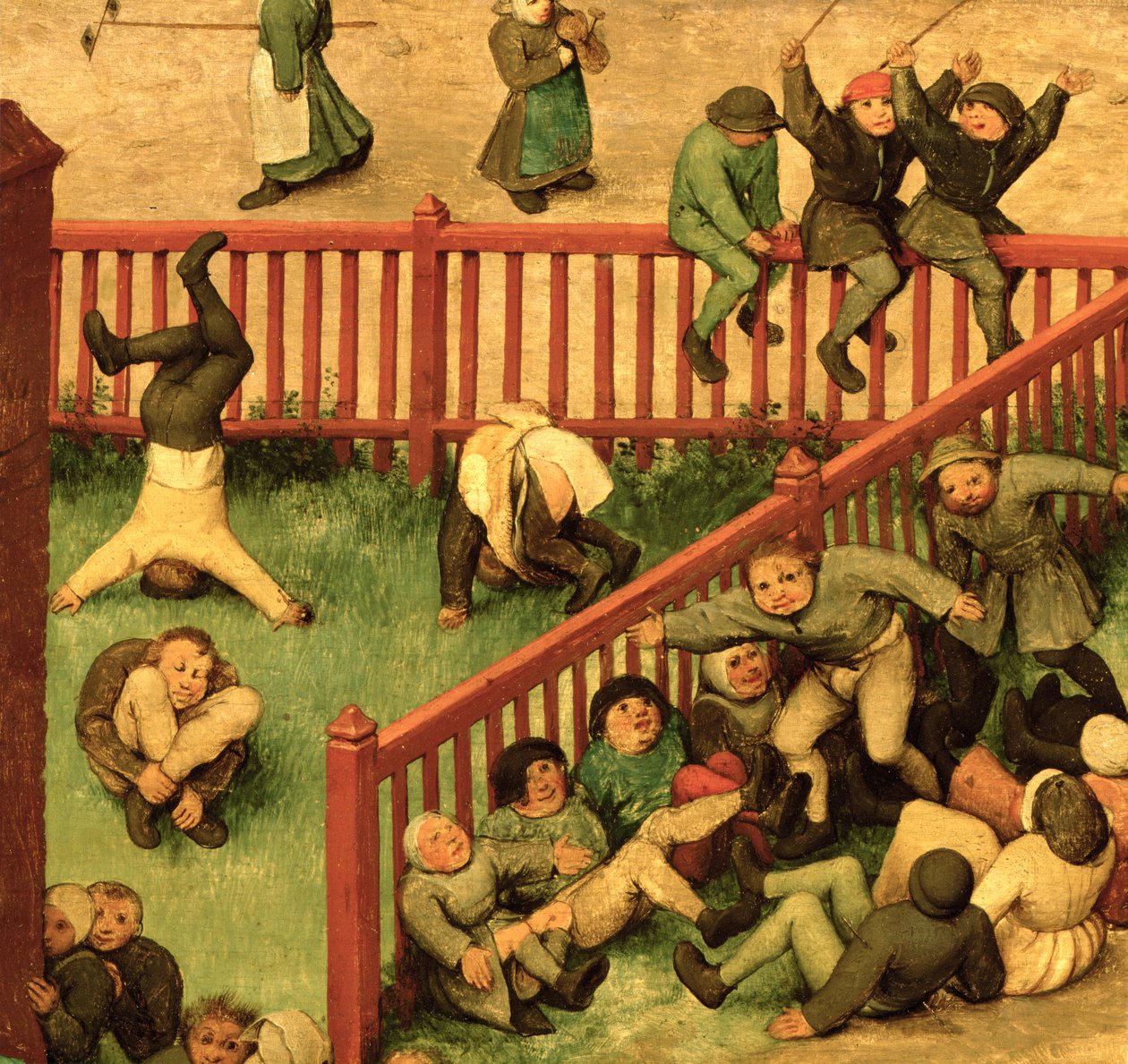 Jogos Infantis (Kinderspiele): detalhe da seção da mão esquerda mostrando crianças correndo o desafio, fazendo ginástica e equilibrando em uma cerca, 1560 (detalhe de 68945) de Pieter Bruegel the Elder